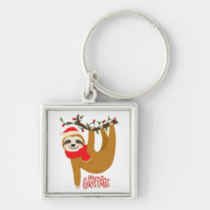 Merry Christmas Sloth in Santa Hat Key Ring