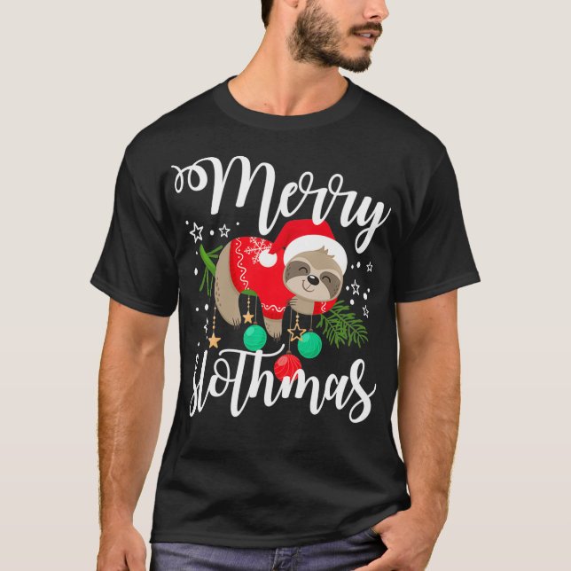 Merry Christmas Sloth Lazy Santa Hat  T-Shirt (Front)