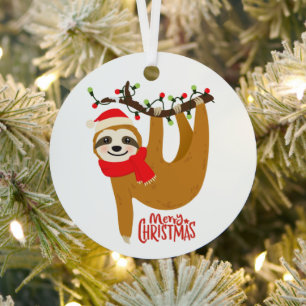 Merry Christmas Sloth Santa Hat Tree Branch Metal Tree Decoration