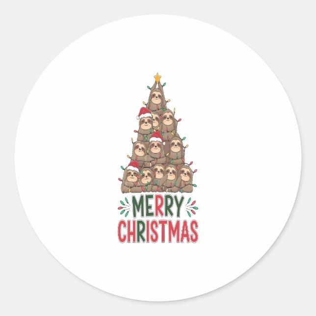 Merry Christmas Sloth Tree Classic Round Sticker (Front)