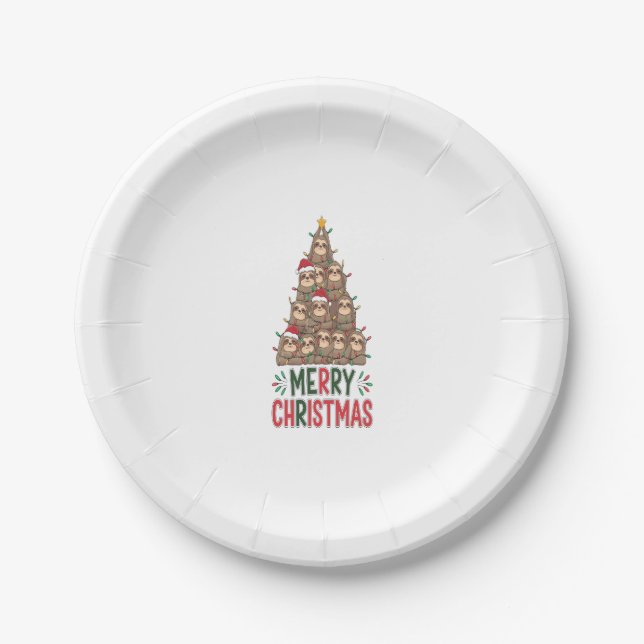 Merry Christmas Sloth Tree Paper Plate (Front)