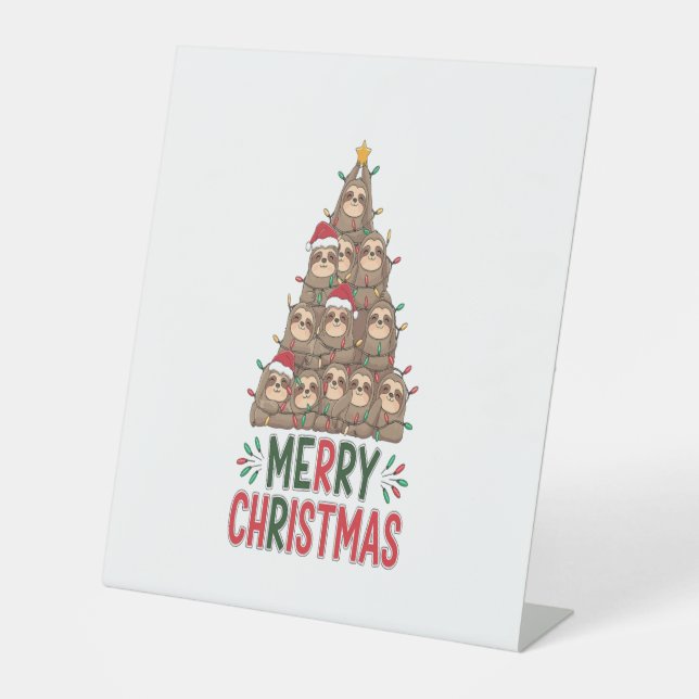 Merry Christmas Sloth Tree Pedestal Sign (Front)