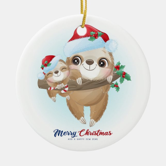 Merry Christmas Sloth's Ceramic Ornament (Front)