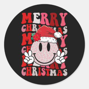Merry Christmas Smile Face Santa Claus Hat Groovy Classic Round Sticker
