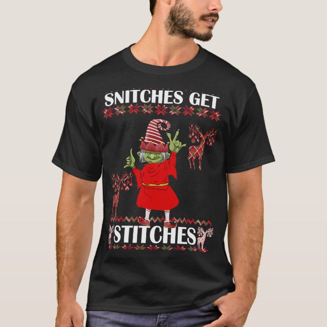 Merry Christmas Snitches Get Stitches Elf Ugly Swe T-Shirt (Front)