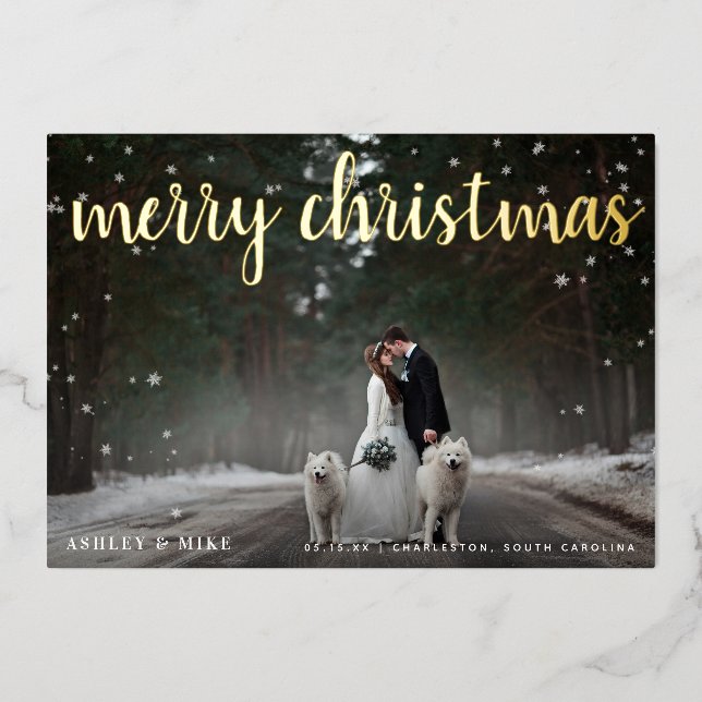 Merry Christmas Snow 2 Photo Wedding Thank You Foil Holiday Card (Front)