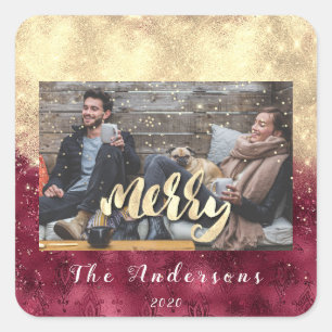 Merry Christmas Snow Confetti Burgundy Gold Photo Square Sticker