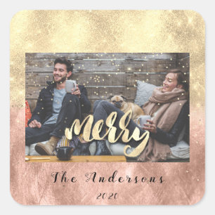 Merry Christmas Snow Confetti Spark Gold Photo Square Sticker