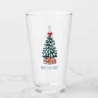 Merry Christmas Snow Covered Pine Tree Glass