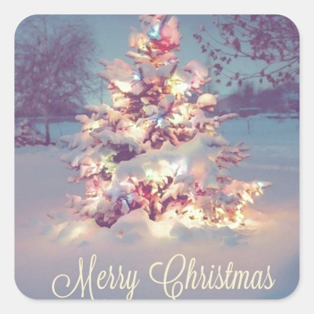 Merry Christmas Snow Covered Tree Square Sticker (Front)