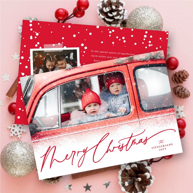 Merry Christmas Snow Dust Handwriting Script Photo Holiday Card (Creator Uploaded)