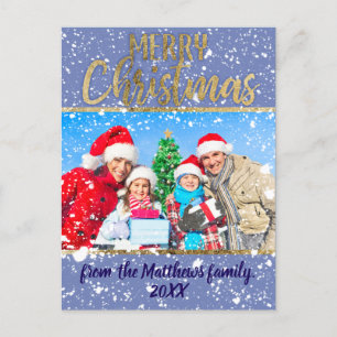 Merry Christmas Snow Fall Gold Text Family Photo Holiday Postcard