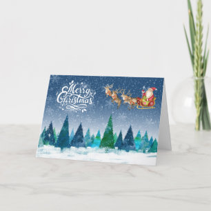 Merry Christmas Snow Forest and Santa in Sleigh  Holiday Card