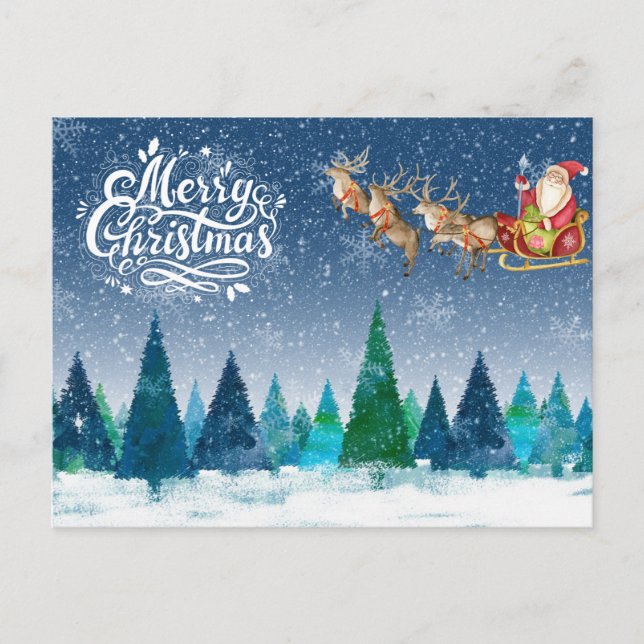 Merry Christmas Snow Forest and Santa in Sleigh Holiday Postcard (Front)