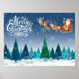 Merry Christmas Snow Forest and Santa in Sleigh  Poster