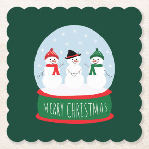 Merry Christmas Snow Globe Snowmen Paper Coaster