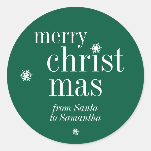 Merry Christmas Snow green Classic Round Sticker (Front)