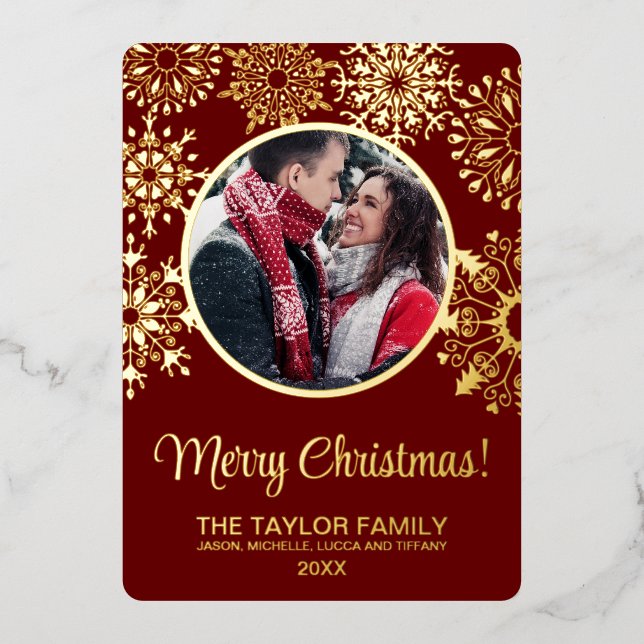 Merry Christmas Snow Insert Photo Family Frame  Foil Holiday Card (Front)
