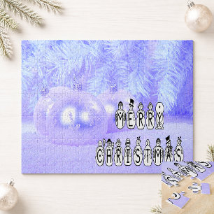 Merry Christmas Snow People Carolers Blue Jigsaw Puzzle