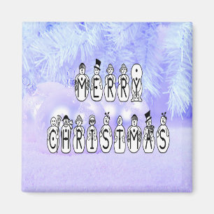 Merry Christmas Snow People Font, Blue Tint Snow Magnet
