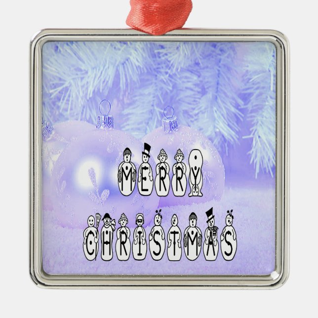 Merry Christmas Snow People Font, Blue Tint Snow Metal Ornament (Front)