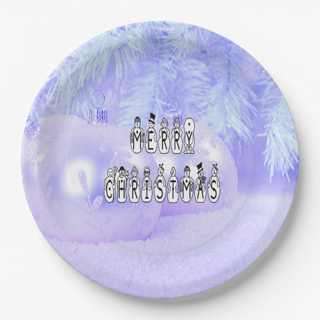 Merry Christmas Snow People Font, Blue Tint Snow Paper Plate (Front)