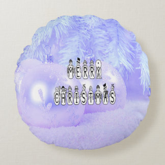 Merry Christmas Snow People Font, Blue Tint Snow Round Cushion