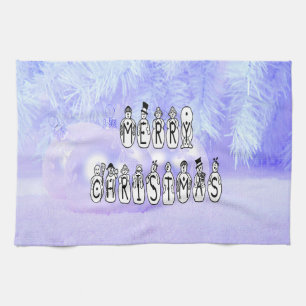 Merry Christmas Snow People Font, Blue Tint Snow Tea Towel