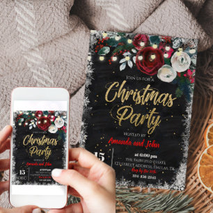Merry Christmas Snow Red Floral Chalkboard Party Invitation