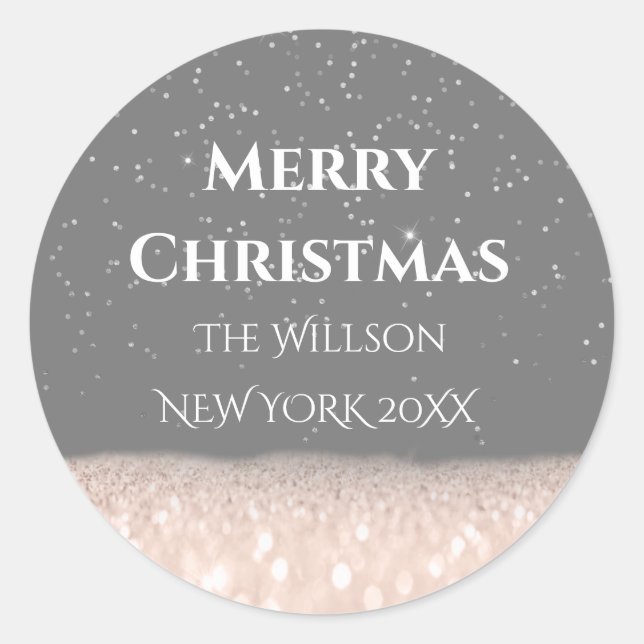 Merry Christmas Snow Rose Glitter Silver Confetti Classic Round Sticker (Front)