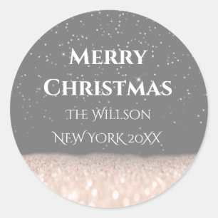 Merry Christmas Snow Rose Glitter Silver Confetti Classic Round Sticker