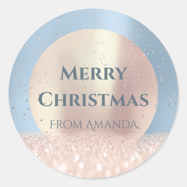 Merry Christmas Snow Rose Glitter Smoky Blue Classic Round Sticker (Front)