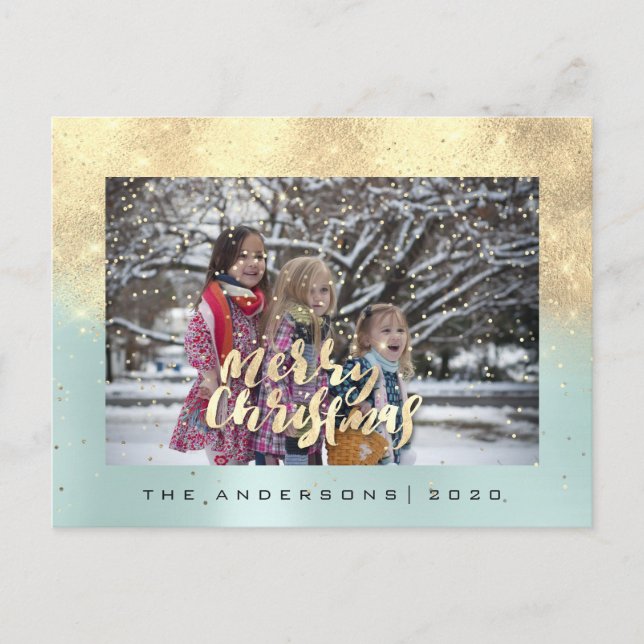 Merry Christmas Snow Rose Gold Aqua Photo Glitter Postcard (Front)