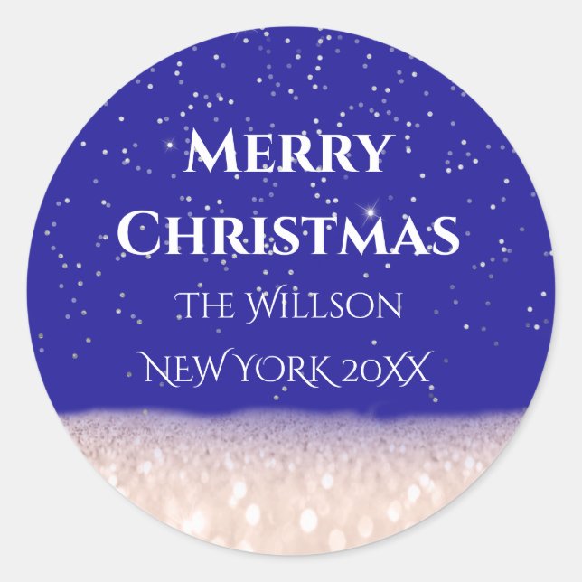 Merry Christmas Snow Rose Royal Blue Confetti Classic Round Sticker (Front)