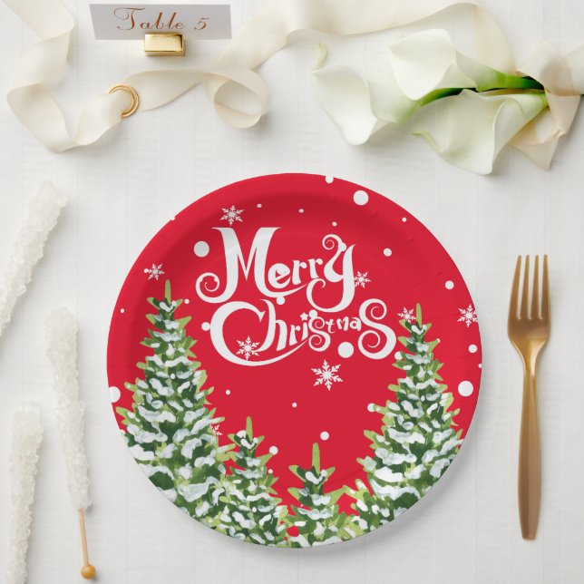 Merry Christmas Snow Trees Christmas Paper Plate (Wedding)
