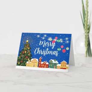 Merry Christmas Snow Village and Decorated Tree Holiday Card