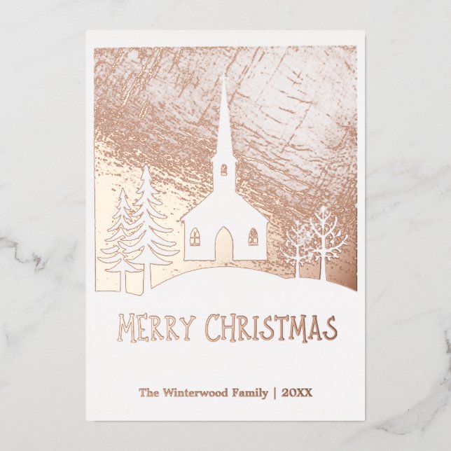 Merry Christmas Snow Winter Church Personalised Foil Holiday Card (Front)