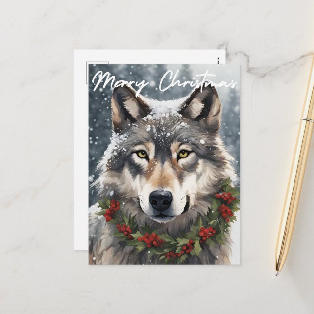 Merry Christmas Snow Wolf Holiday Postcard (Front/Back In Situ)