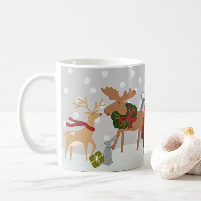 Merry Christmas Snow Woodland Animals Personalized Coffee Mug (With Donut)