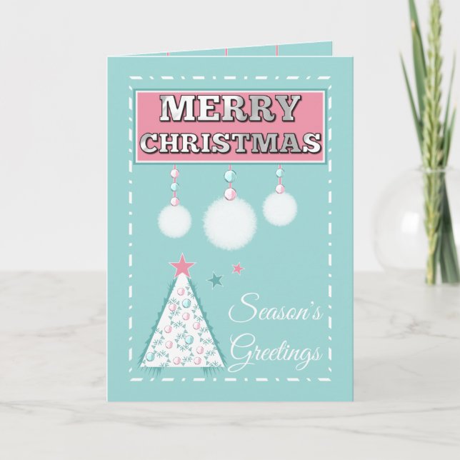 Merry Christmas snowball ornaments pink and green Holiday Card (Front)