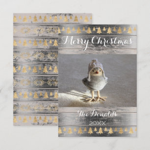 Merry Christmas Snowbird Gold Wood Photo Cottage Invitation