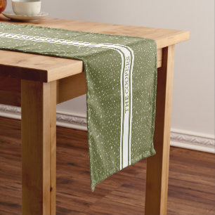 Merry Christmas Snowfall Pattern on Green Holiday Short Table Runner