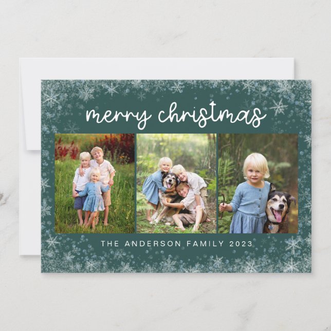 Merry Christmas Snowflake | 3 Photo Collage Holiday Card (Front)