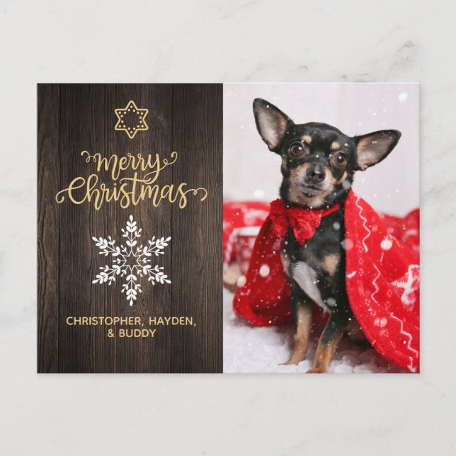 Merry Christmas Snowflake and Wood Dog Photo Postcard (Front)