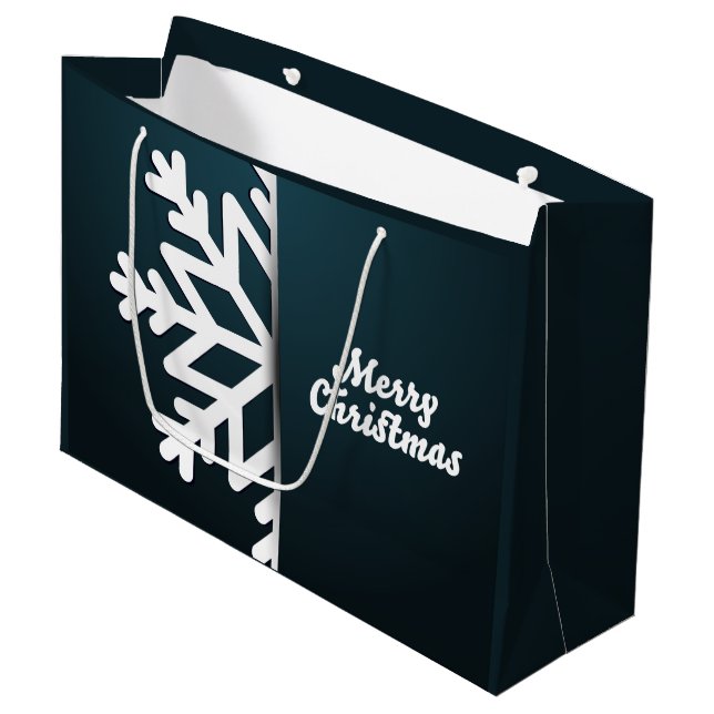 Merry Christmas Snowflake Blue Large Gift Bag (Front Angled)
