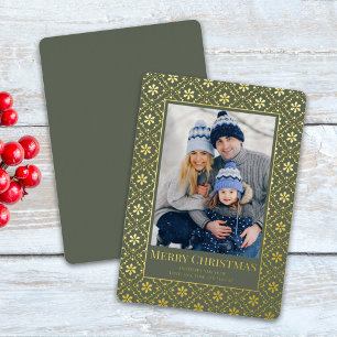 Merry Christmas Snowflake Elegant Green 1 Photo  Foil Holiday Card