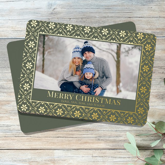 Merry Christmas Snowflake Elegant Green 1 Photo  Foil Holiday Card (Merry Christmas holiday photo card template with real gold foil. )