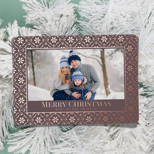 Merry Christmas Snowflake Elegant Rose Gold Photo  Foil Holiday Card (Elegant rose gold and plum photo card with Real Gold Foil. )