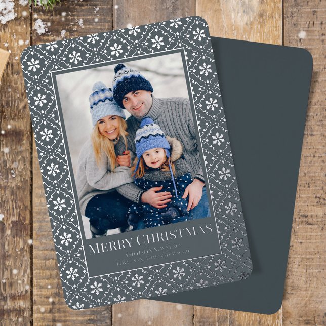 Merry Christmas Snowflake Elegant Silver 1 Photo Foil Holiday Card (Merry Christmas photo card with elegant silver foil.)