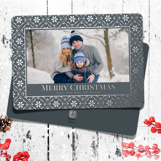 Merry Christmas Snowflake Elegant Silver 1 Photo Foil Holiday Card (Merry Christmas real foil silver snowflakes and navy blue background.)